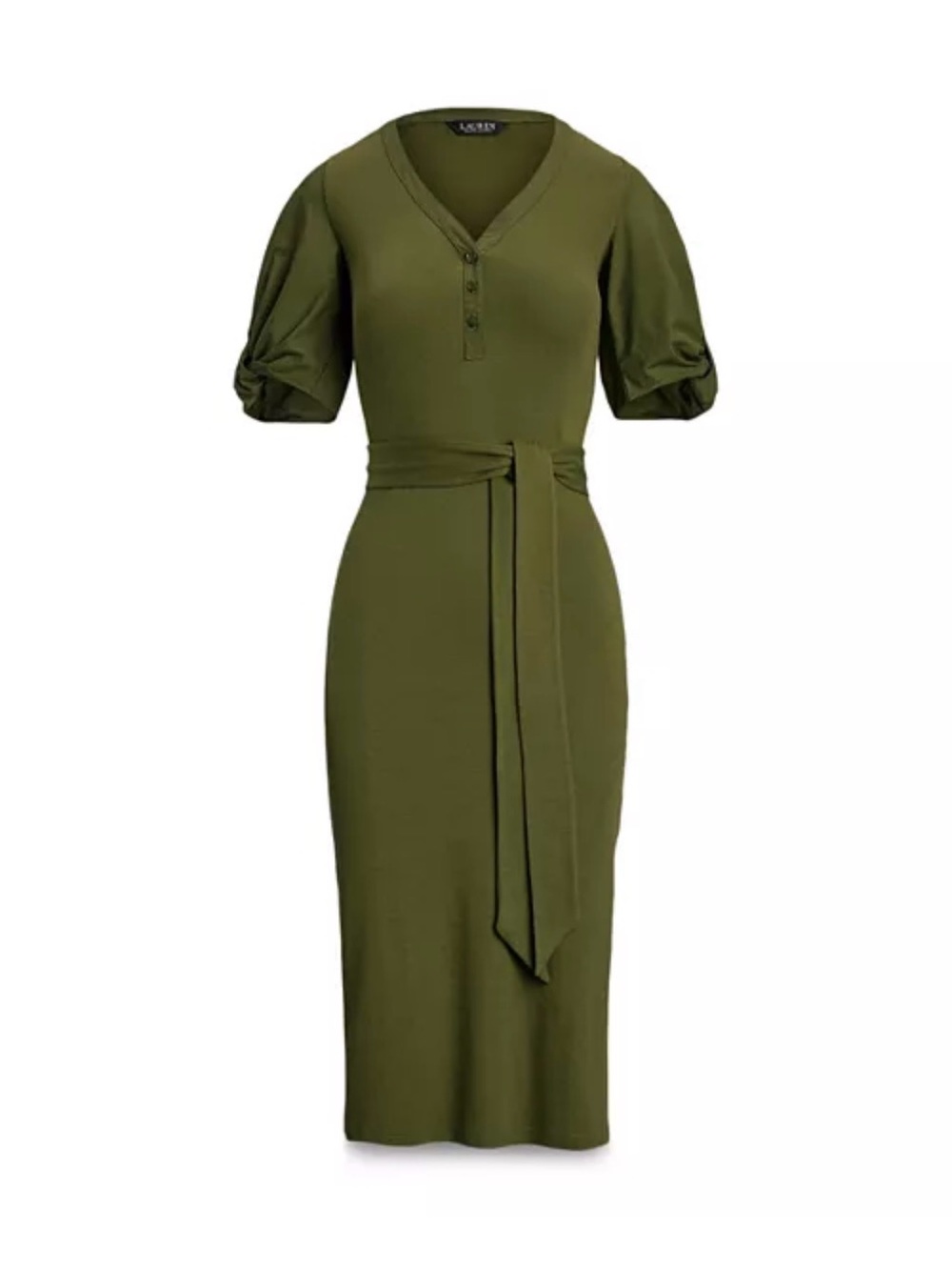 NWT LAUREN RALPH LAUREN Olive Green V-Neck Midi Dress with Waist Tie